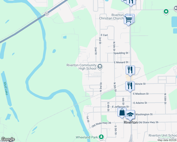 map of restaurants, bars, coffee shops, grocery stores, and more near 800 North 2nd Street in Riverton