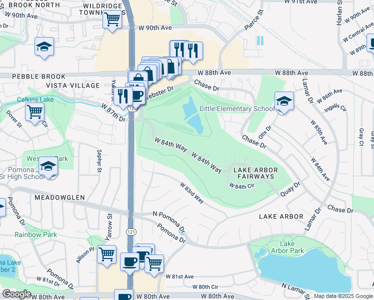 map of restaurants, bars, coffee shops, grocery stores, and more near 6925 West 84th Way in Arvada