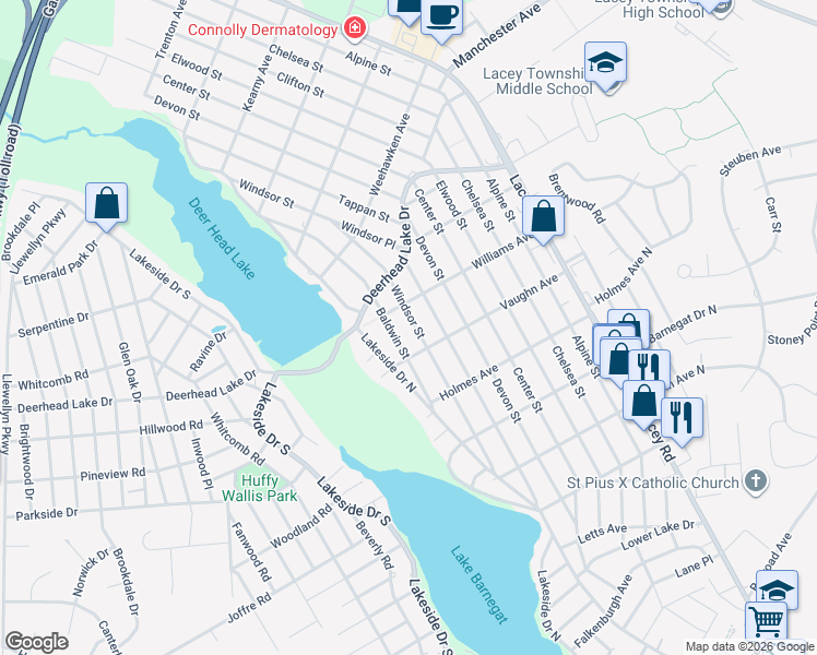 map of restaurants, bars, coffee shops, grocery stores, and more near 618 Windsor Street in Lacey Township