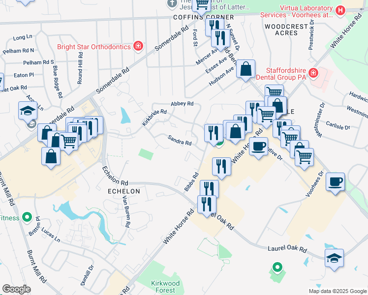 map of restaurants, bars, coffee shops, grocery stores, and more near 89 Sandra Road in Voorhees Township
