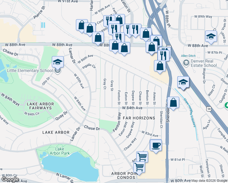 map of restaurants, bars, coffee shops, grocery stores, and more near 8509 Fenton Street in Arvada