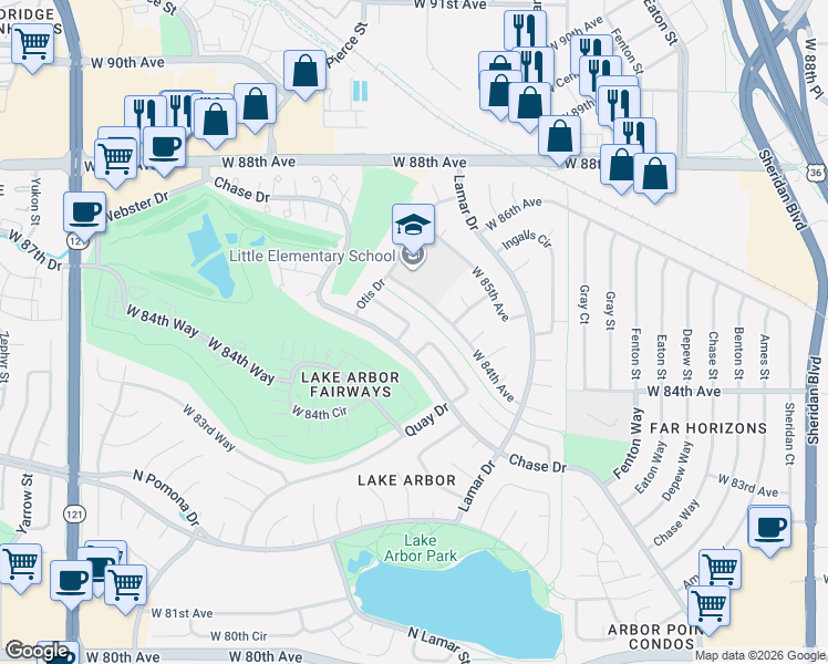 map of restaurants, bars, coffee shops, grocery stores, and more near 8432 Newland Drive in Arvada