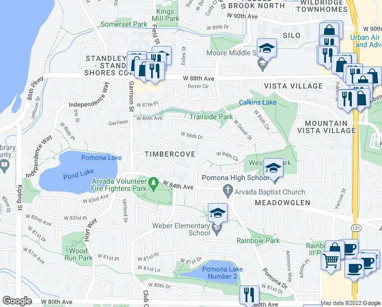map of restaurants, bars, coffee shops, grocery stores, and more near 8454 Everett Way in Arvada