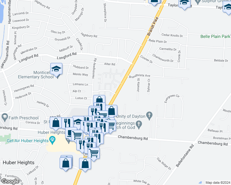 map of restaurants, bars, coffee shops, grocery stores, and more near 6739 Wendy Sue Street in Dayton