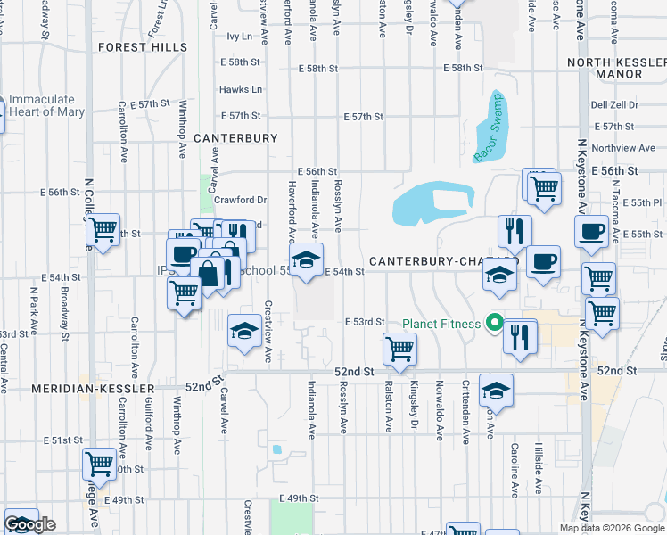 map of restaurants, bars, coffee shops, grocery stores, and more near 5419 Indianola Avenue in Indianapolis