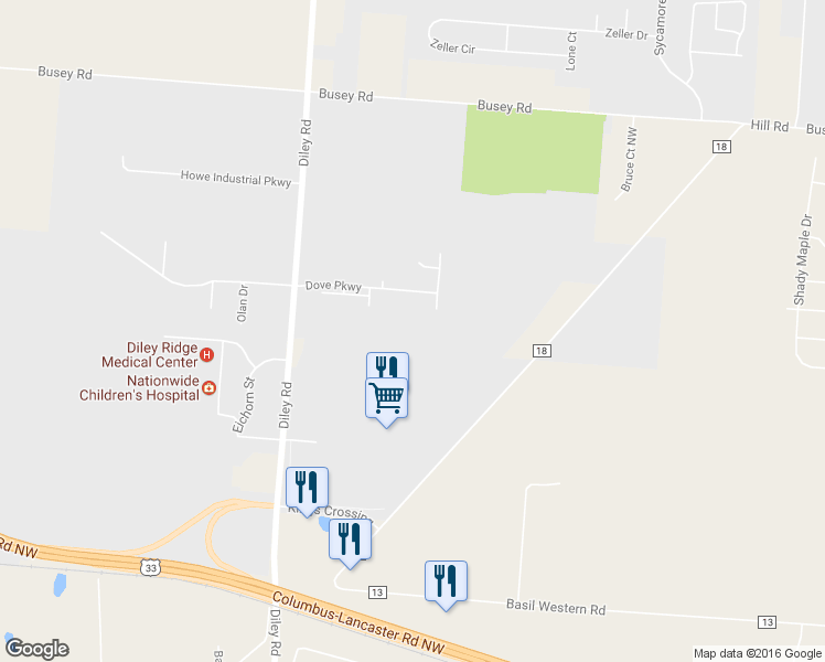 map of restaurants, bars, coffee shops, grocery stores, and more near 7995 Hill Road in Canal Winchester