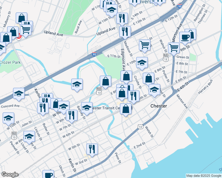 map of restaurants, bars, coffee shops, grocery stores, and more near 8 West 9th Street in Chester