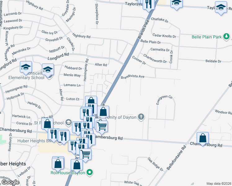 map of restaurants, bars, coffee shops, grocery stores, and more near 6878 Brandt Pike in Huber Heights