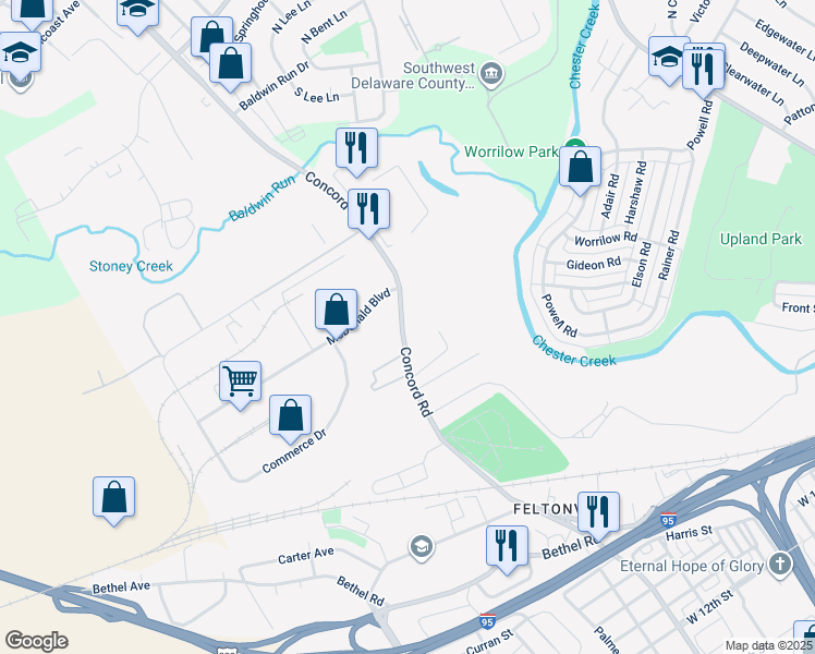 map of restaurants, bars, coffee shops, grocery stores, and more near 57 Concord Road in Delaware County