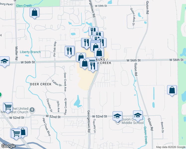 map of restaurants, bars, coffee shops, grocery stores, and more near 5480 Georgetown Road in Indianapolis