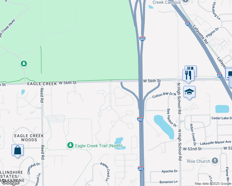 map of restaurants, bars, coffee shops, grocery stores, and more near 5525 Elkhorn Drive in Indianapolis