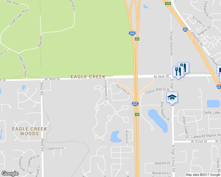 map of restaurants, bars, coffee shops, grocery stores, and more near 5225 Elkhorn Drive in Indianapolis
