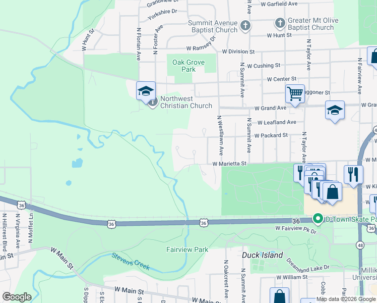map of restaurants, bars, coffee shops, grocery stores, and more near 2163-2499 W Packard St in Decatur