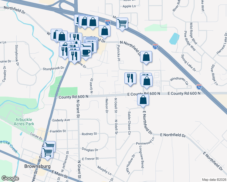 map of restaurants, bars, coffee shops, grocery stores, and more near 7774 Bedford Court in Brownsburg