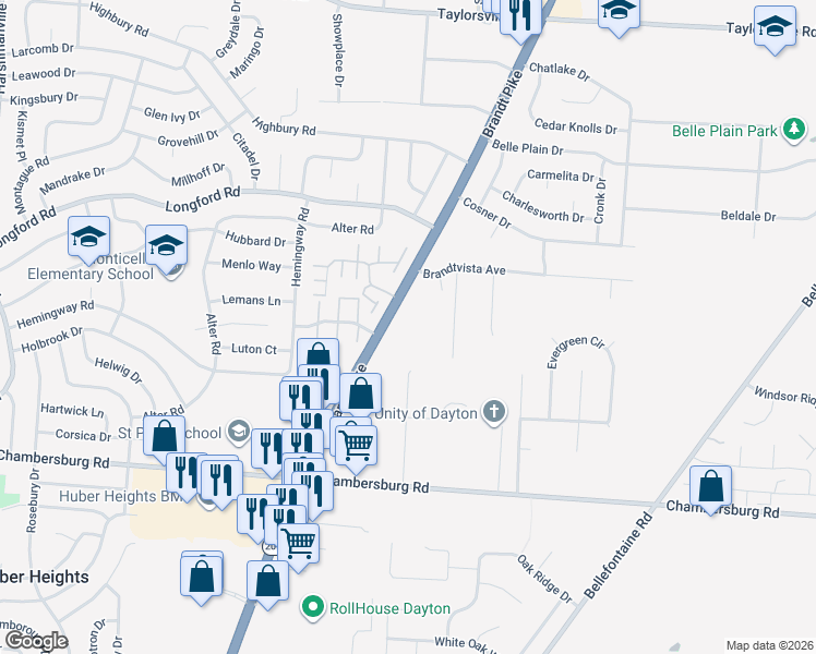 map of restaurants, bars, coffee shops, grocery stores, and more near 6888 Brandt Pike in Huber Heights