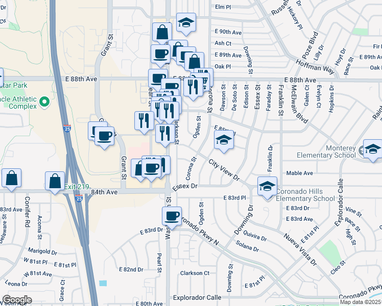 map of restaurants, bars, coffee shops, grocery stores, and more near 8550 Ogden Street in Thornton