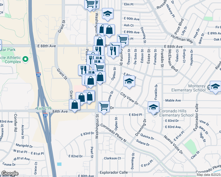 map of restaurants, bars, coffee shops, grocery stores, and more near 8550 Ogden Street in Thornton