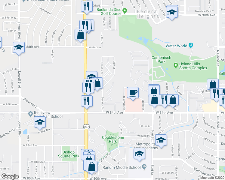 map of restaurants, bars, coffee shops, grocery stores, and more near 2730 West 86th Avenue in Westminster