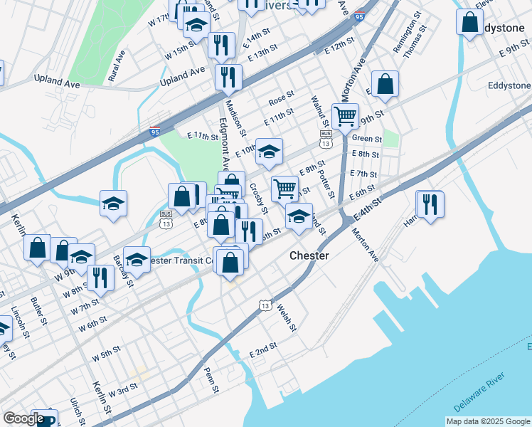 map of restaurants, bars, coffee shops, grocery stores, and more near 201 West 7th Street in Chester