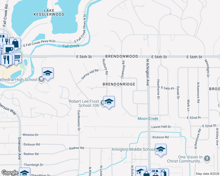 map of restaurants, bars, coffee shops, grocery stores, and more near 5620 Roxbury Terrace in Indianapolis