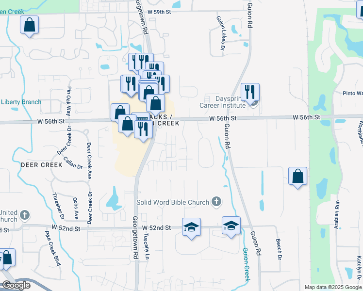 map of restaurants, bars, coffee shops, grocery stores, and more near 5522 Rosewood Commons Drive in Indianapolis
