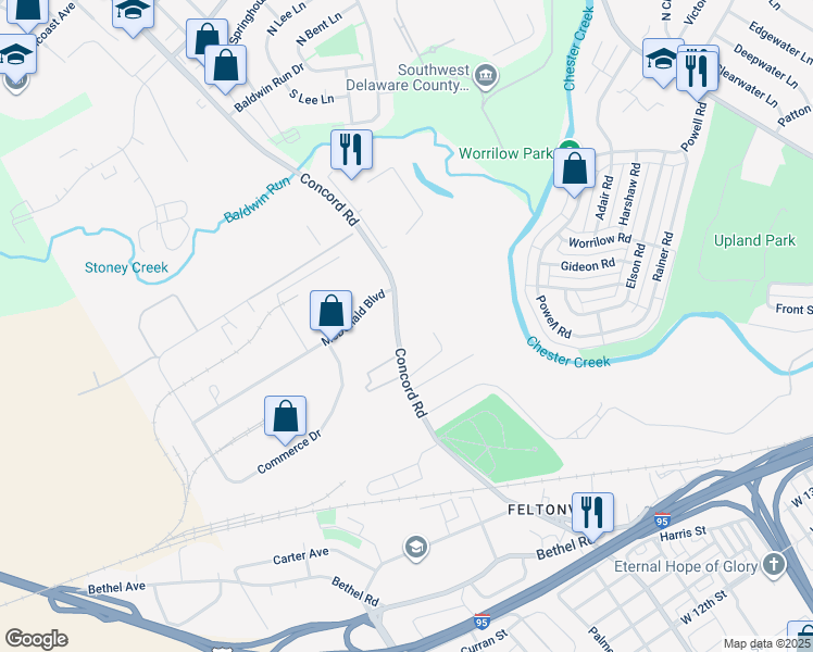 map of restaurants, bars, coffee shops, grocery stores, and more near 57 Concord Road in Delaware County