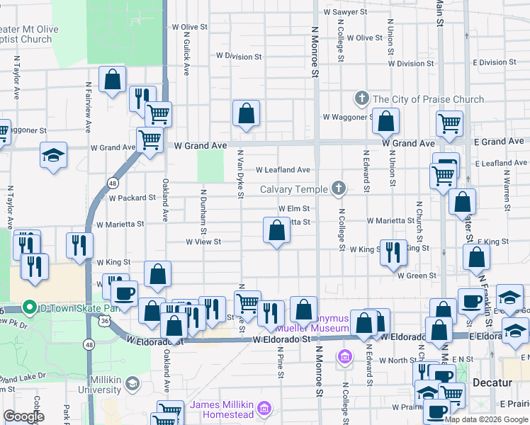 map of restaurants, bars, coffee shops, grocery stores, and more near 819 West Packard Street in Decatur