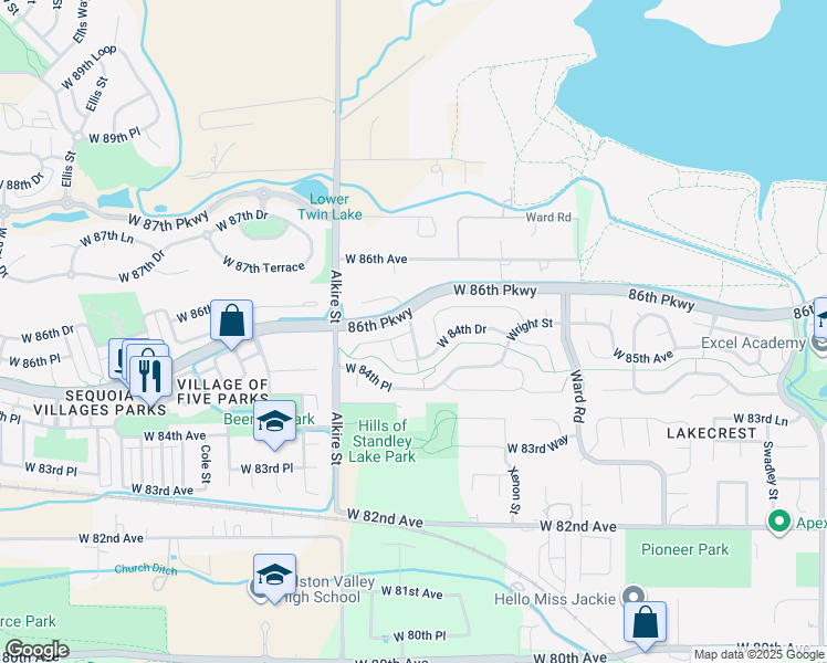 map of restaurants, bars, coffee shops, grocery stores, and more near 12626 West 85th Place in Arvada