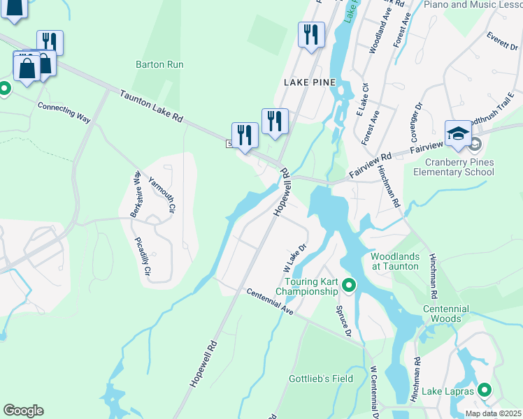 map of restaurants, bars, coffee shops, grocery stores, and more near 15 Pocahontas Trail in Medford