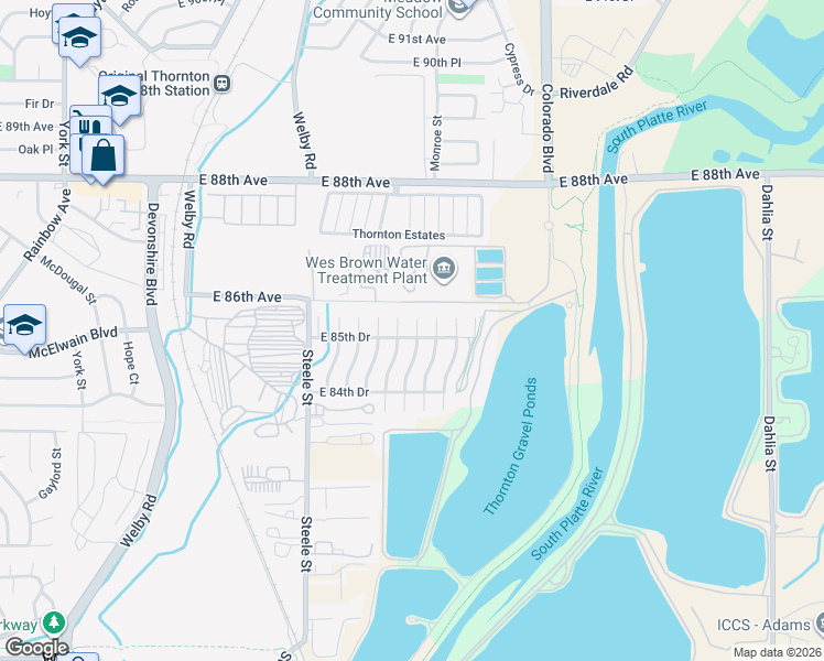 map of restaurants, bars, coffee shops, grocery stores, and more near 8582 Monroe Court in Thornton
