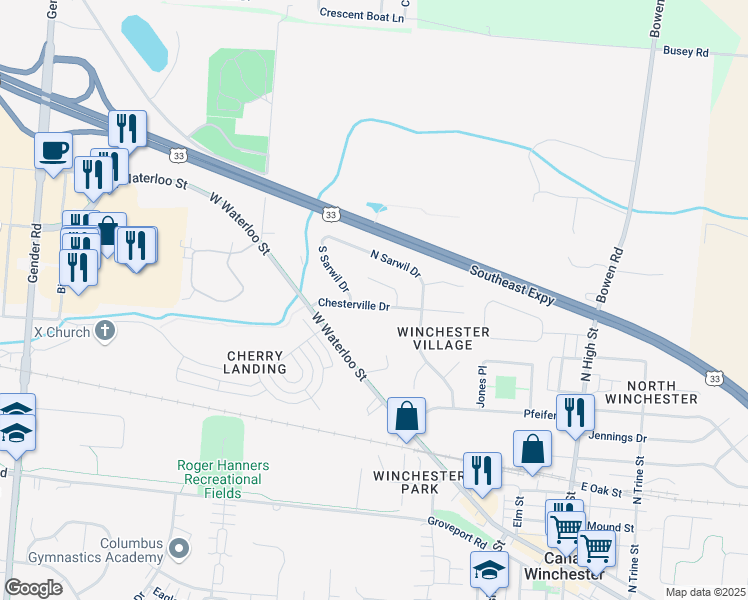 map of restaurants, bars, coffee shops, grocery stores, and more near 325 Old Meadows Court in Canal Winchester