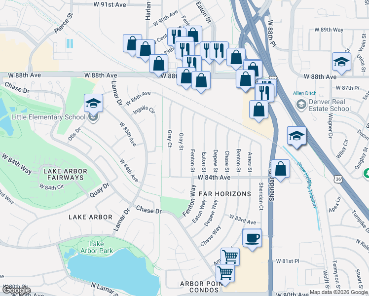map of restaurants, bars, coffee shops, grocery stores, and more near 8509 Fenton Street in Arvada