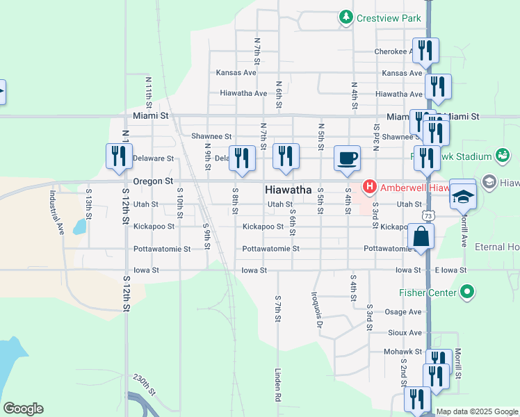 map of restaurants, bars, coffee shops, grocery stores, and more near 714 Utah Street in Hiawatha