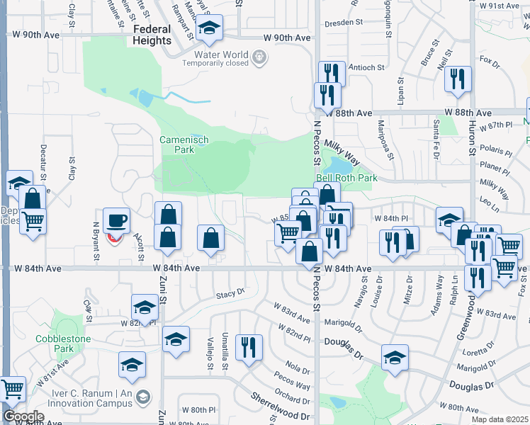 map of restaurants, bars, coffee shops, grocery stores, and more near 7005 West 85th Avenue in Denver
