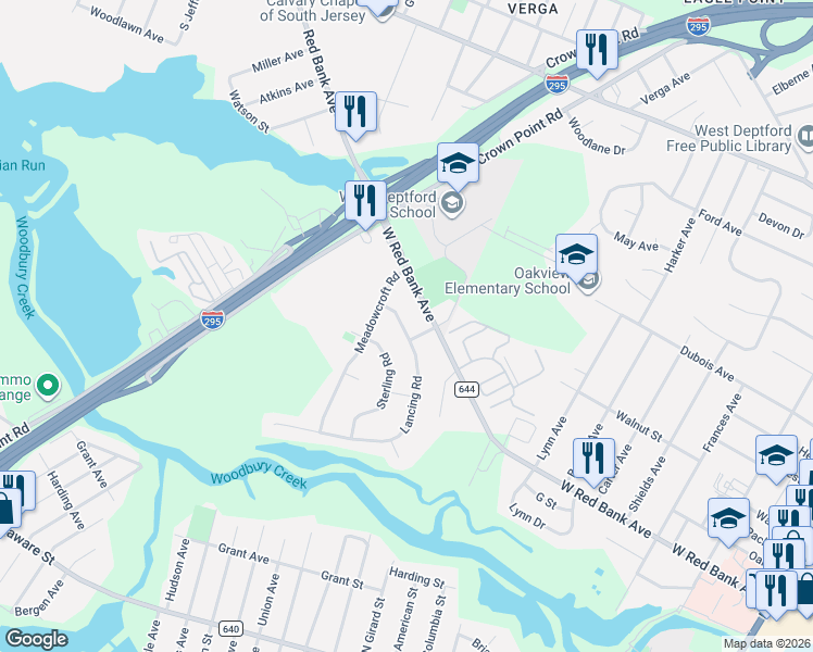 map of restaurants, bars, coffee shops, grocery stores, and more near 825 West Red Bank Avenue in Woodbury