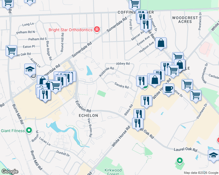 map of restaurants, bars, coffee shops, grocery stores, and more near 16 Sandra Road in Voorhees Township