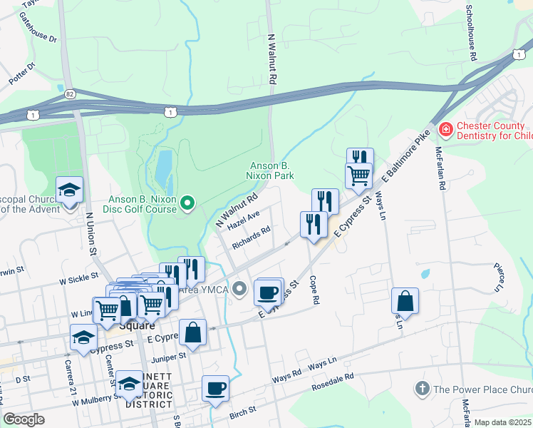 map of restaurants, bars, coffee shops, grocery stores, and more near 110 North Young Avenue in Kennett Square