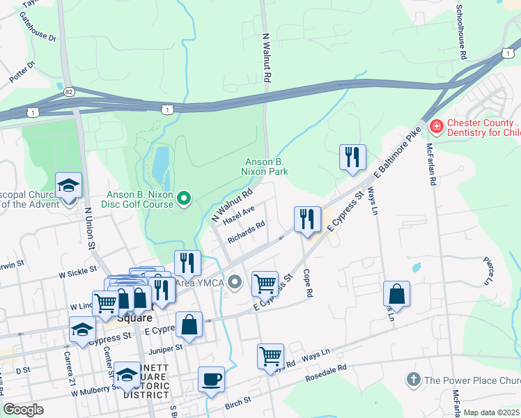 map of restaurants, bars, coffee shops, grocery stores, and more near 110 North Young Avenue in Kennett Square