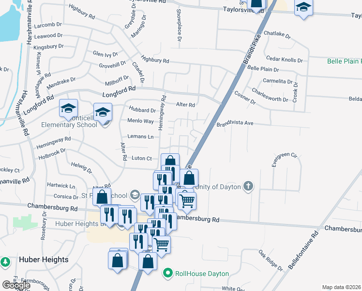 map of restaurants, bars, coffee shops, grocery stores, and more near 6807 Brandt Pike in Dayton