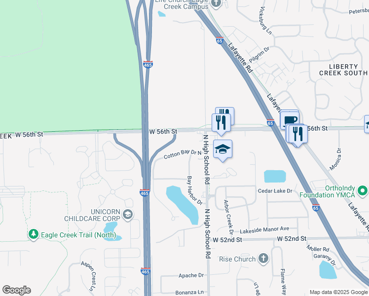 map of restaurants, bars, coffee shops, grocery stores, and more near 6404 Cotton Bay Drive North in Indianapolis