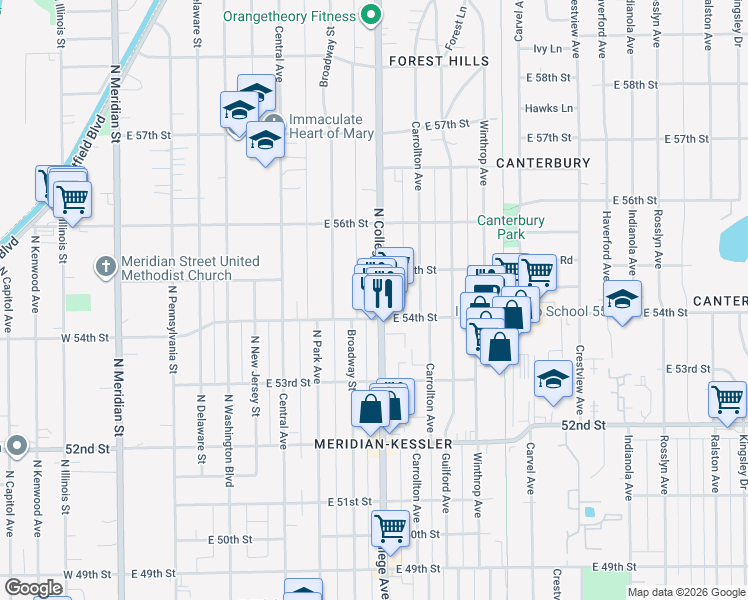 map of restaurants, bars, coffee shops, grocery stores, and more near 5420 North College Avenue in Indianapolis