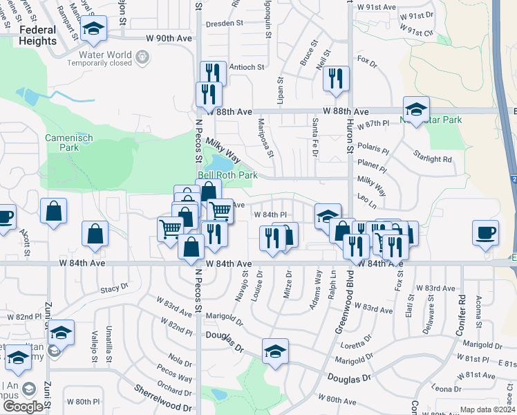 map of restaurants, bars, coffee shops, grocery stores, and more near 8485 Lipan Court in Federal Heights