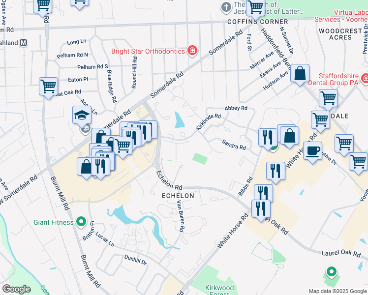 map of restaurants, bars, coffee shops, grocery stores, and more near 139 Kirkbride Road in Voorhees Township