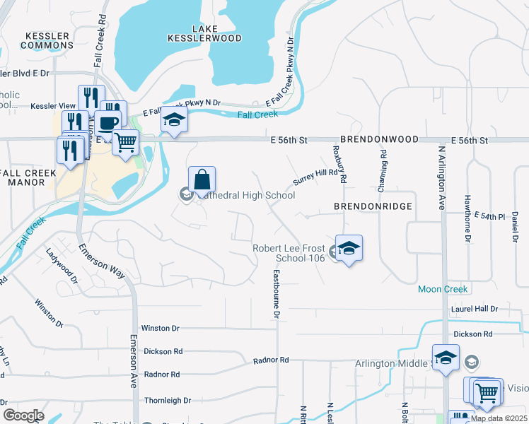 map of restaurants, bars, coffee shops, grocery stores, and more near 5430 Far Hill Road in Indianapolis