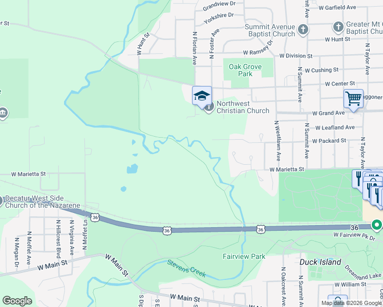 map of restaurants, bars, coffee shops, grocery stores, and more near Stevens Creek Bikeway in Decatur