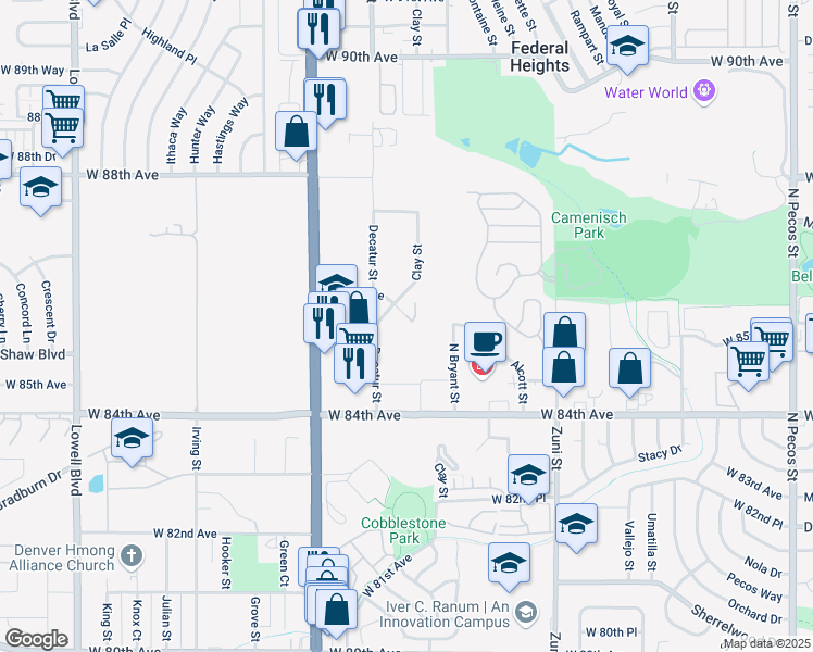 map of restaurants, bars, coffee shops, grocery stores, and more near 2730 West 86th Avenue in Westminster