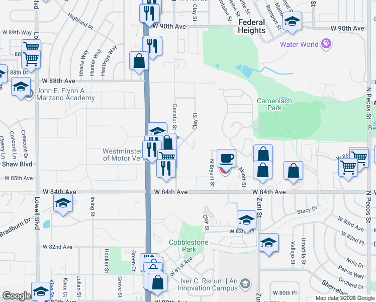 map of restaurants, bars, coffee shops, grocery stores, and more near 2730 West 86th Avenue in Westminster