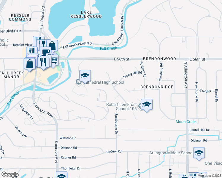 map of restaurants, bars, coffee shops, grocery stores, and more near 5430 Far Hill Road in Indianapolis