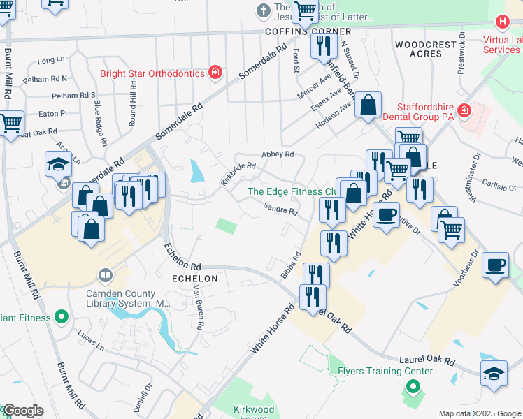 map of restaurants, bars, coffee shops, grocery stores, and more near 66-68 Sandra Road in Voorhees Township
