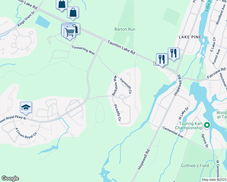 map of restaurants, bars, coffee shops, grocery stores, and more near 101 Berkshire Way in Evesham